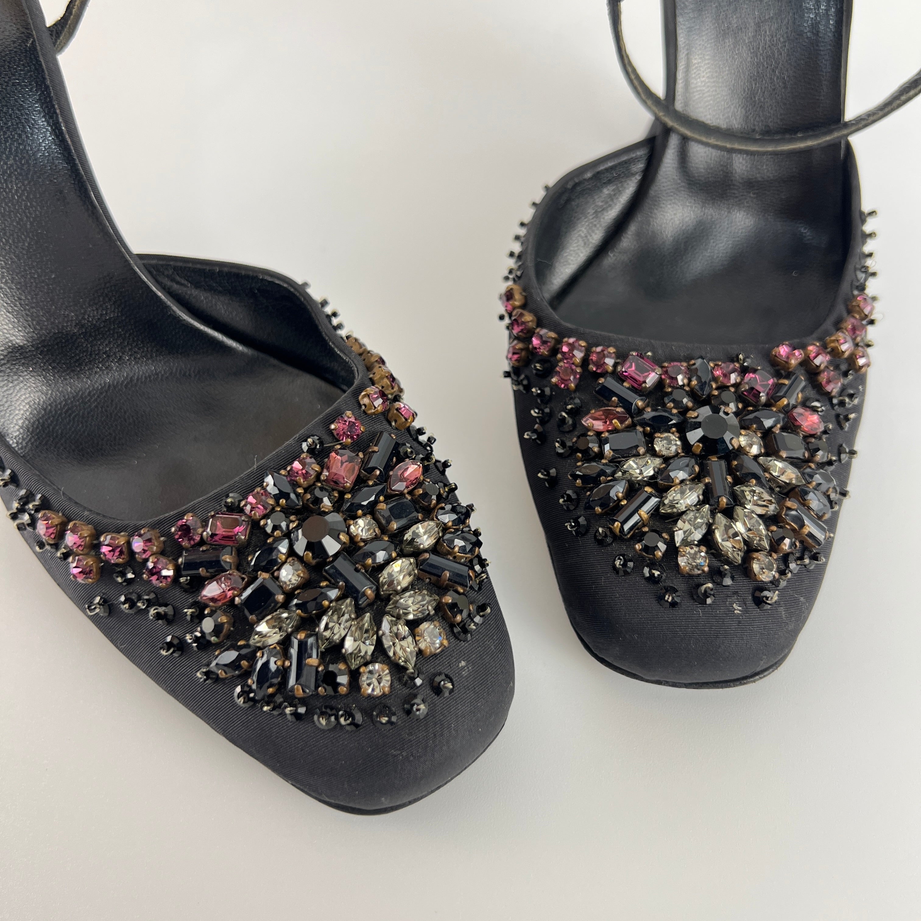 Prada | Vintage Black Satin Purple Beaded Curved Heel Ankle Strap Y2K (37.5)