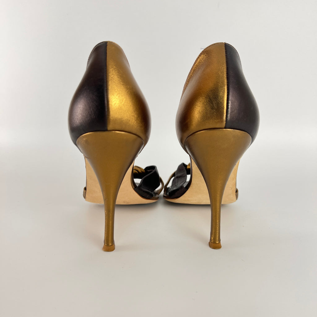 Manolo Blahnik | Oggi D'Orsay Nappa Leather Two Tone Gold Black Knot (37.5)