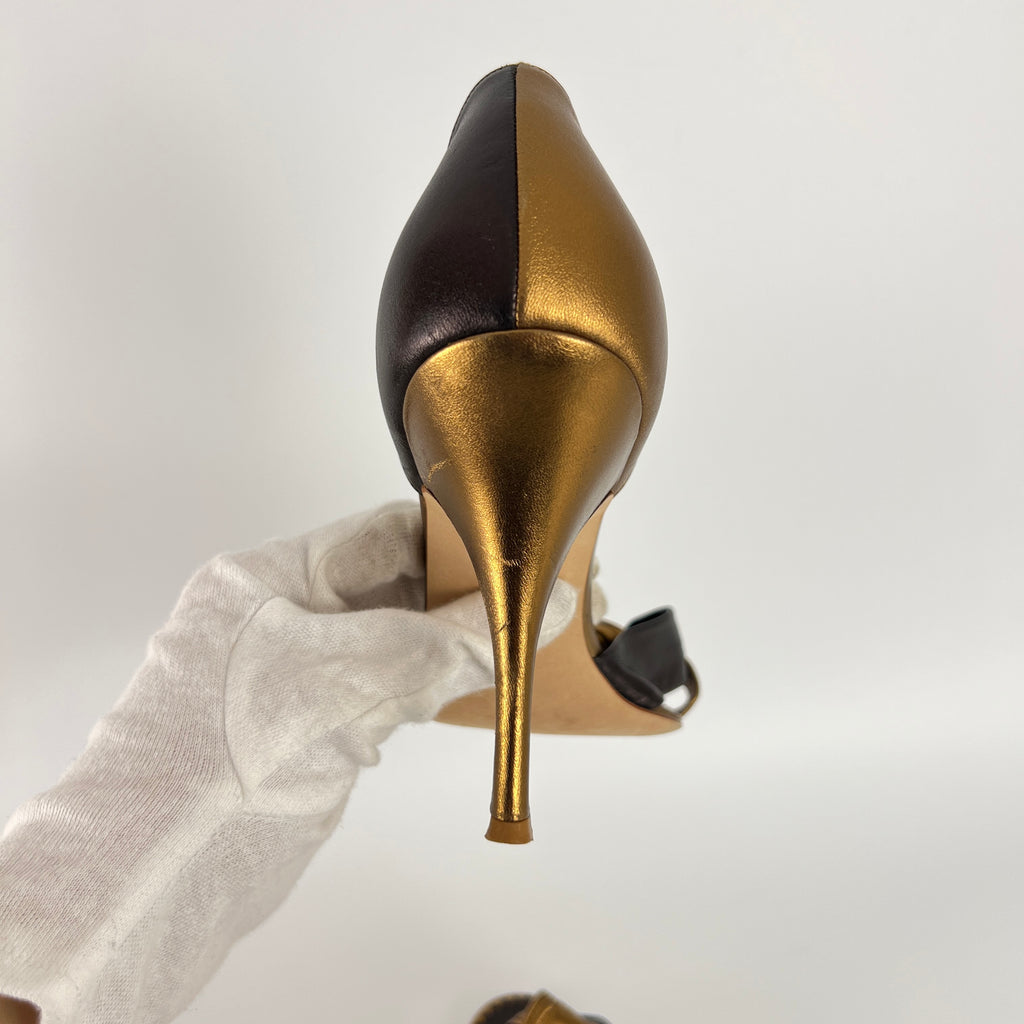 Manolo Blahnik | Oggi D'Orsay Nappa Leather Two Tone Gold Black Knot (37.5)