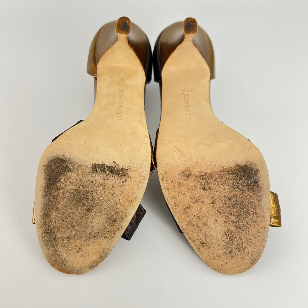 Manolo Blahnik | Oggi D'Orsay Nappa Leather Two Tone Gold Black Knot (37.5)