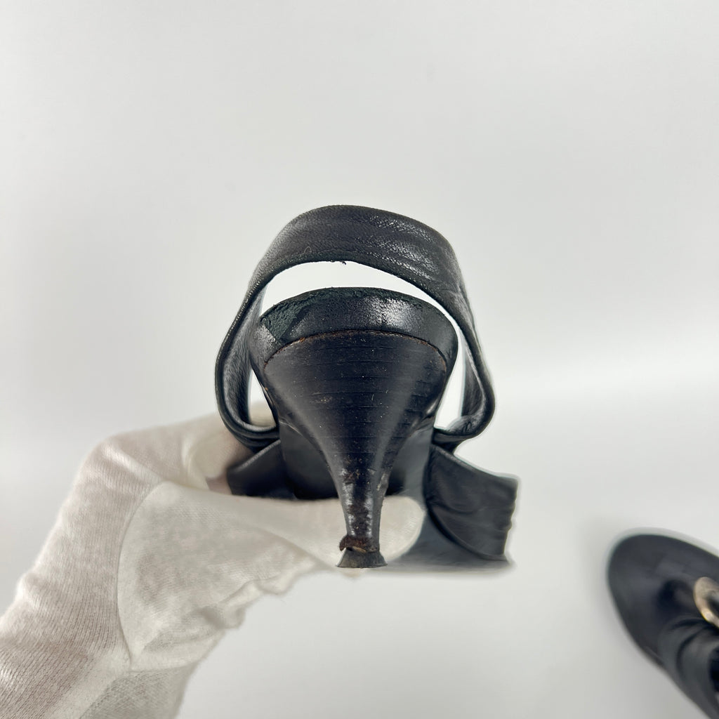 Chanel | Vintage Black Leather Silver Logo Thong Slingback Kitten Heel (35.5)