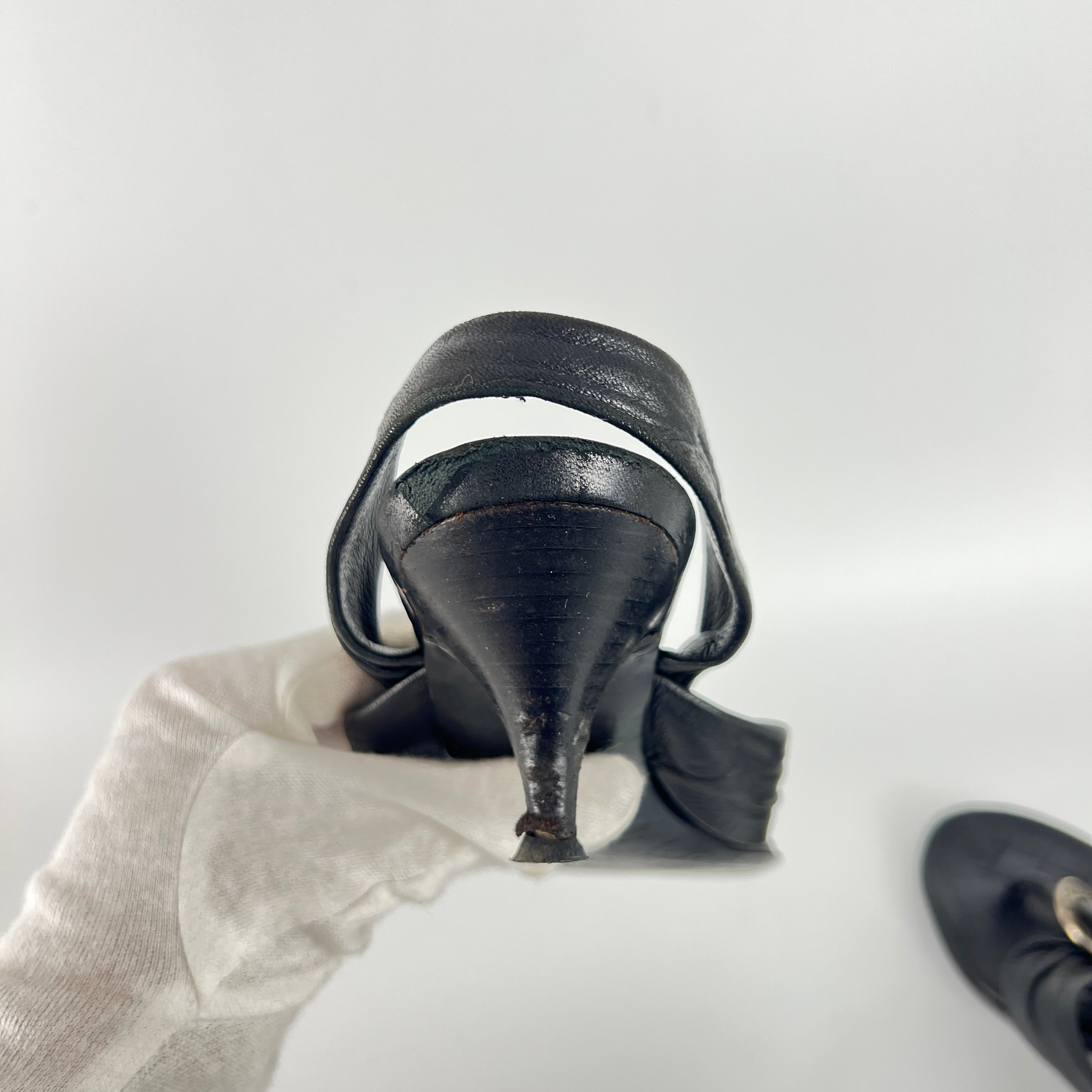 Chanel | Vintage Black Leather Silver Logo Thong Slingback Kitten Heel (35.5)