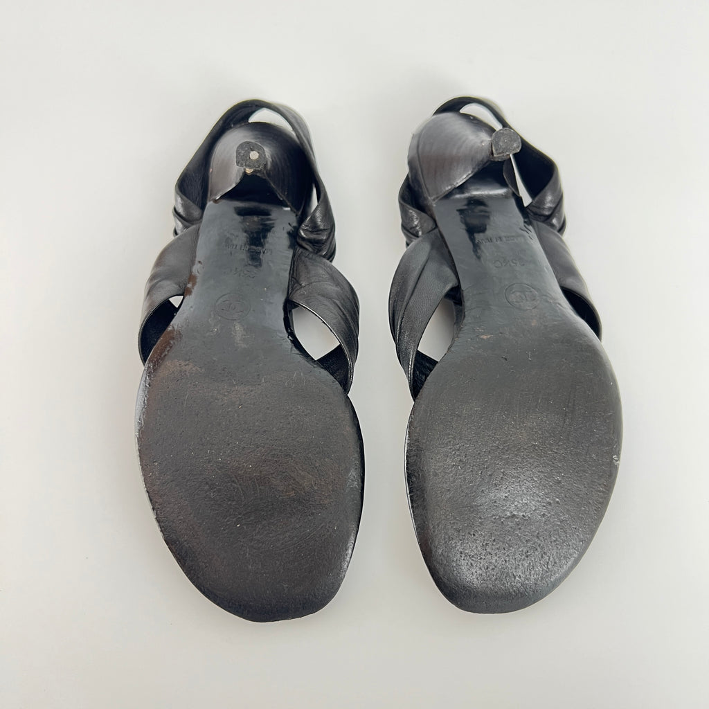 Chanel | Vintage Black Leather Silver Logo Thong Slingback Kitten Heel (35.5)