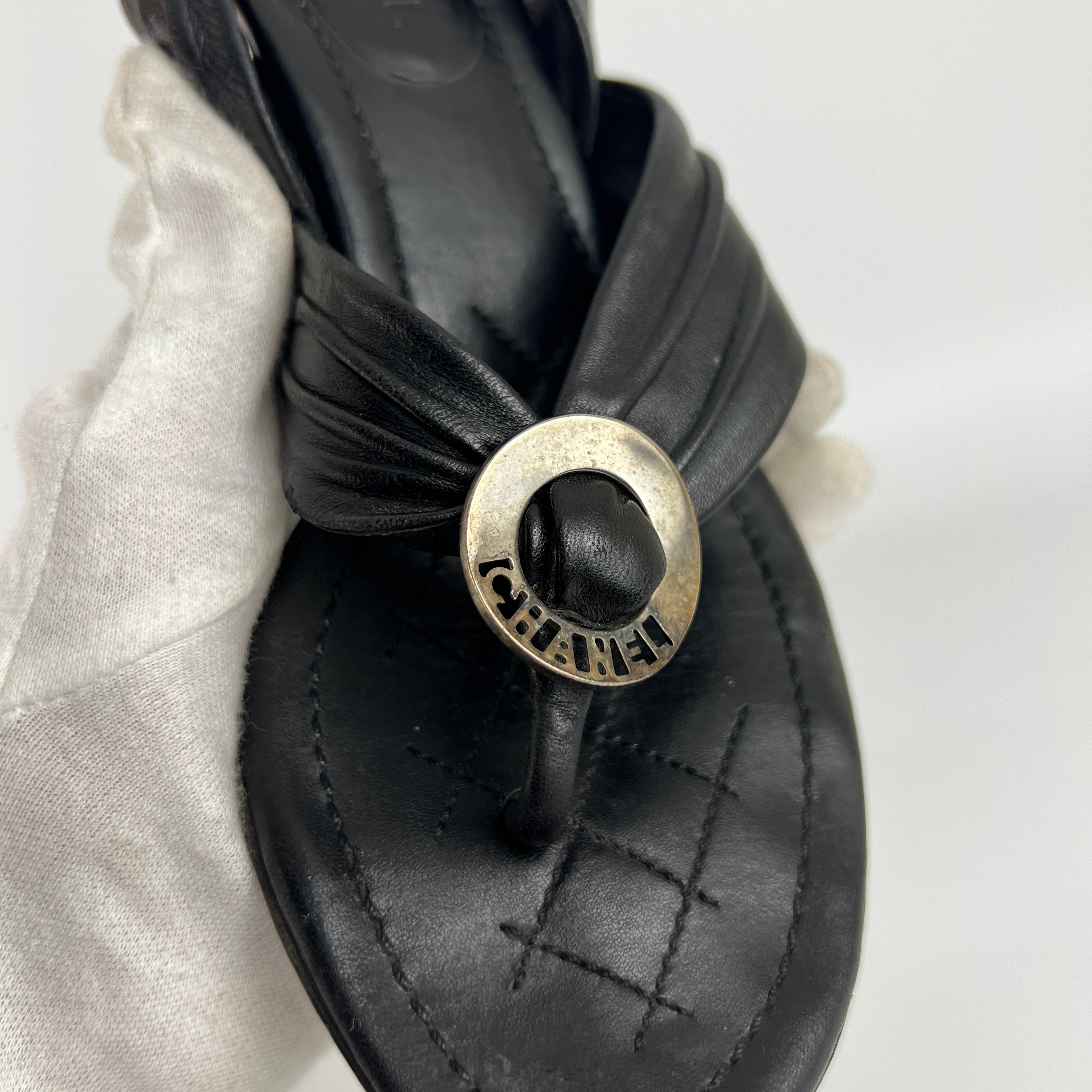 Chanel | Vintage Black Leather Silver Logo Thong Slingback Kitten Heel (35.5)