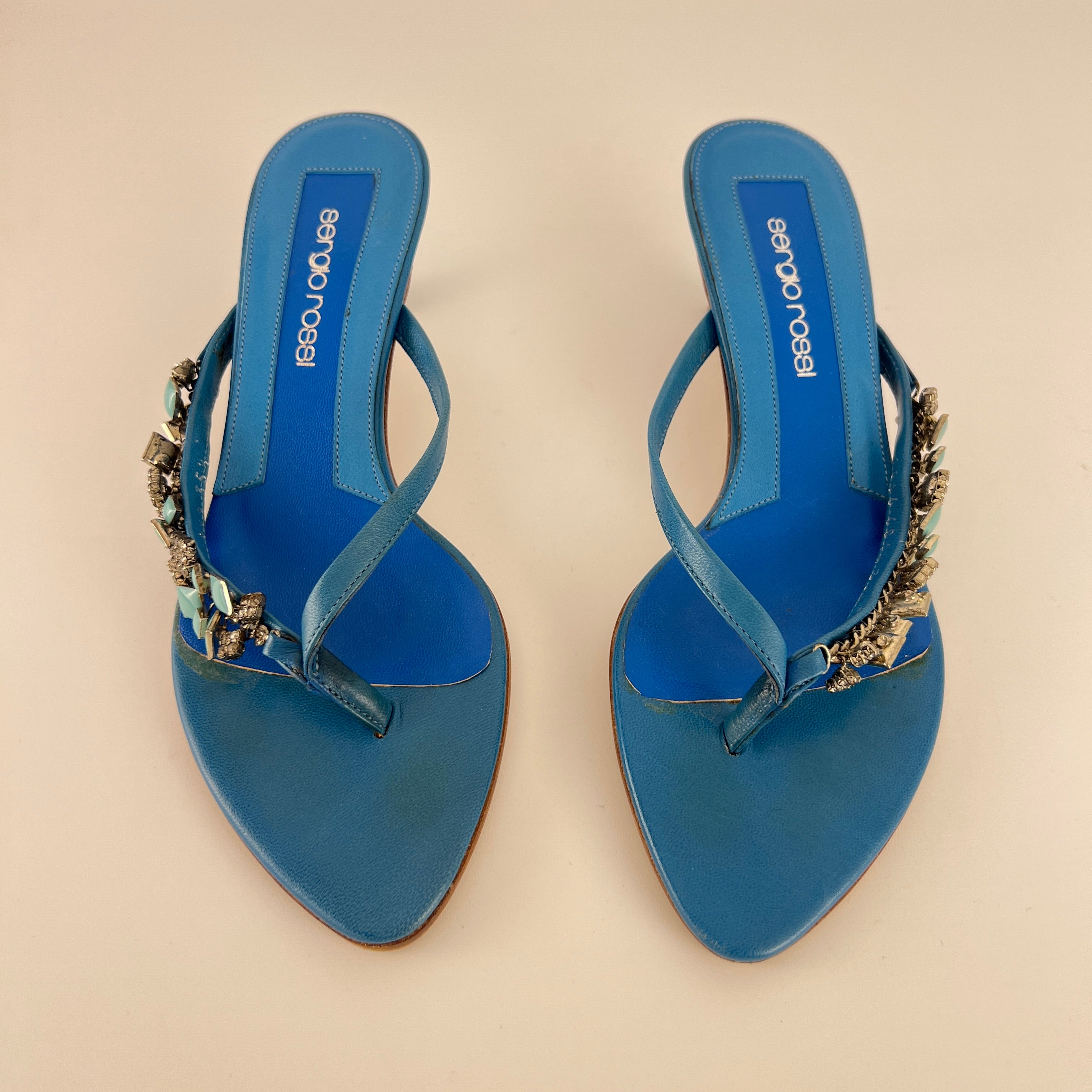 Sergio Rossi | Turquoise Stone Rhinestone Blue Flip Flop Thong Mules (35.5)