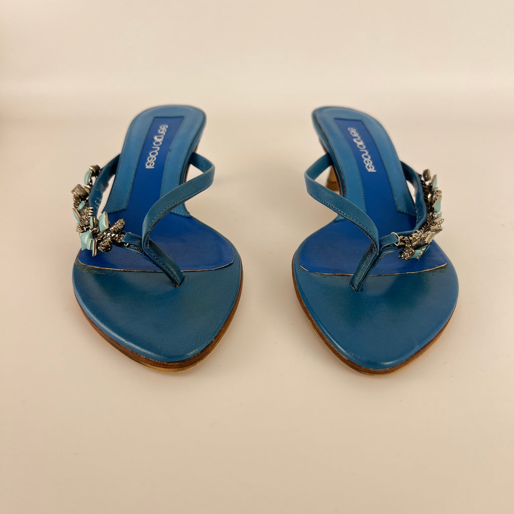 Sergio Rossi | Turquoise Stone Rhinestone Blue Flip Flop Thong Mules (35.5)