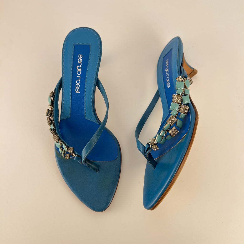 Sergio Rossi | Turquoise Stone Rhinestone Blue Flip Flop Thong Mules (35.5)