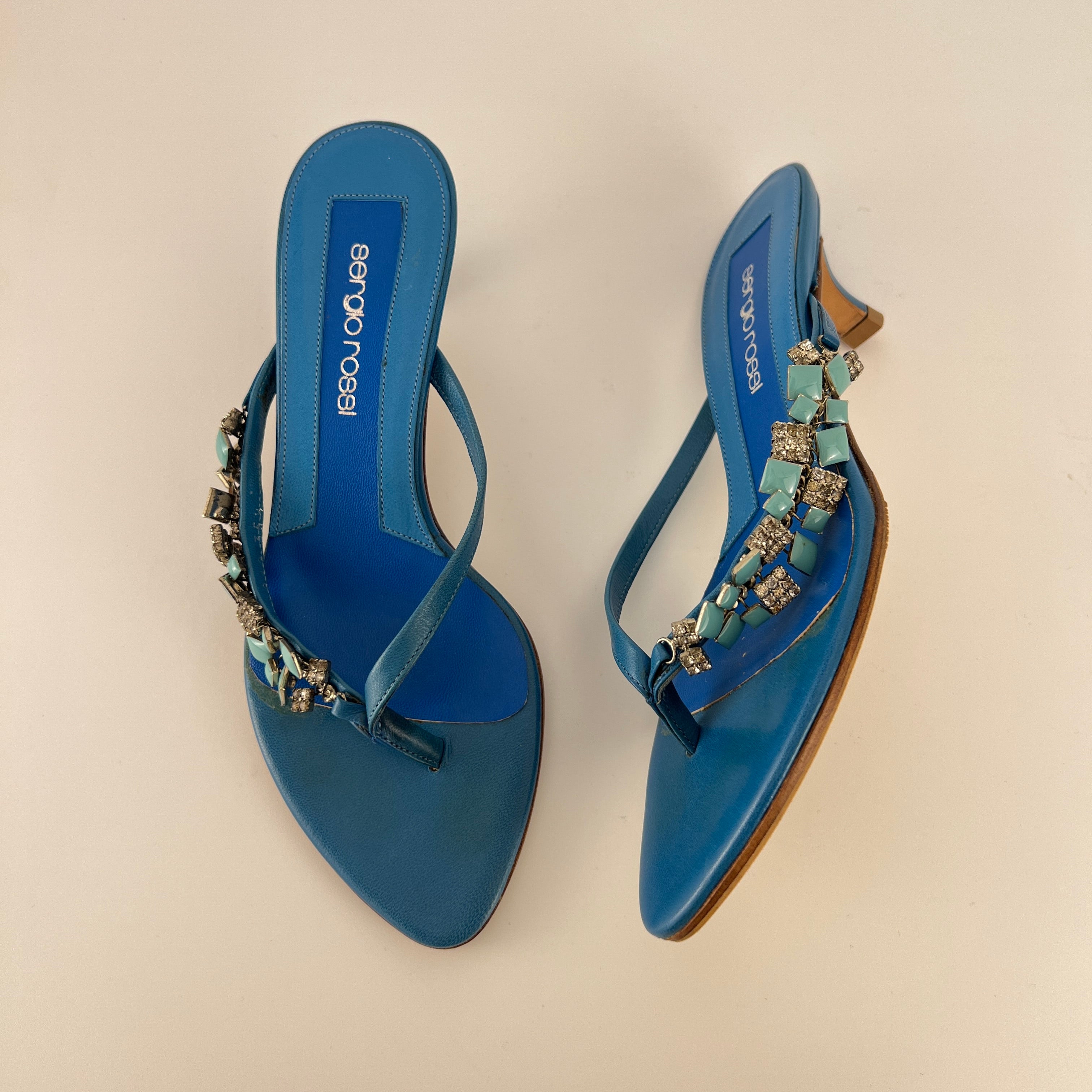 Sergio Rossi | Turquoise Stone Rhinestone Blue Flip Flop Thong Mules (35.5)