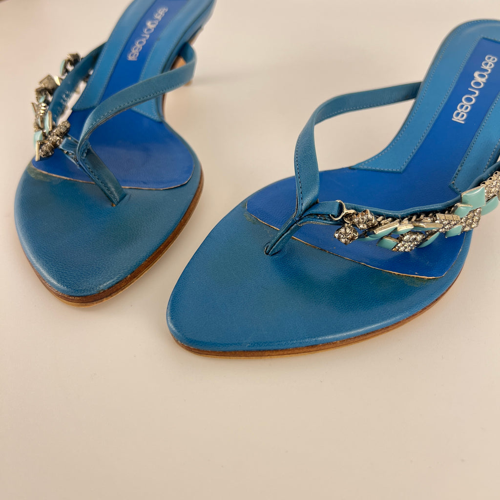 Sergio Rossi | Turquoise Stone Rhinestone Blue Flip Flop Thong Mules (35.5)