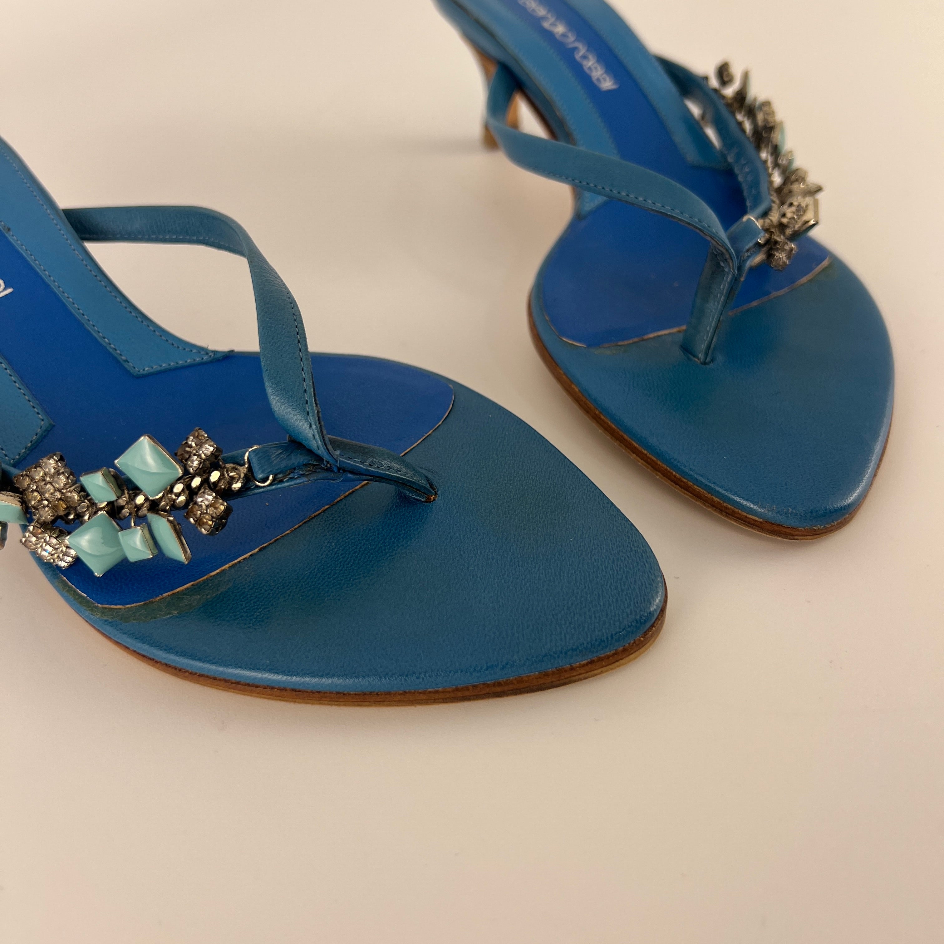 Sergio Rossi | Turquoise Stone Rhinestone Blue Flip Flop Thong Mules (35.5)
