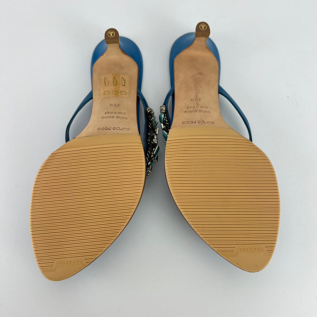 Sergio Rossi | Turquoise Stone Rhinestone Blue Flip Flop Thong Mules (35.5)