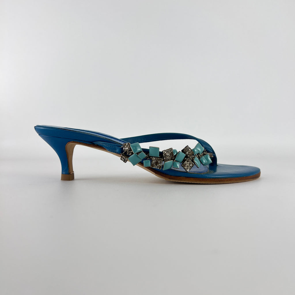 Sergio Rossi | Turquoise Stone Rhinestone Blue Flip Flop Thong Mules (35.5)