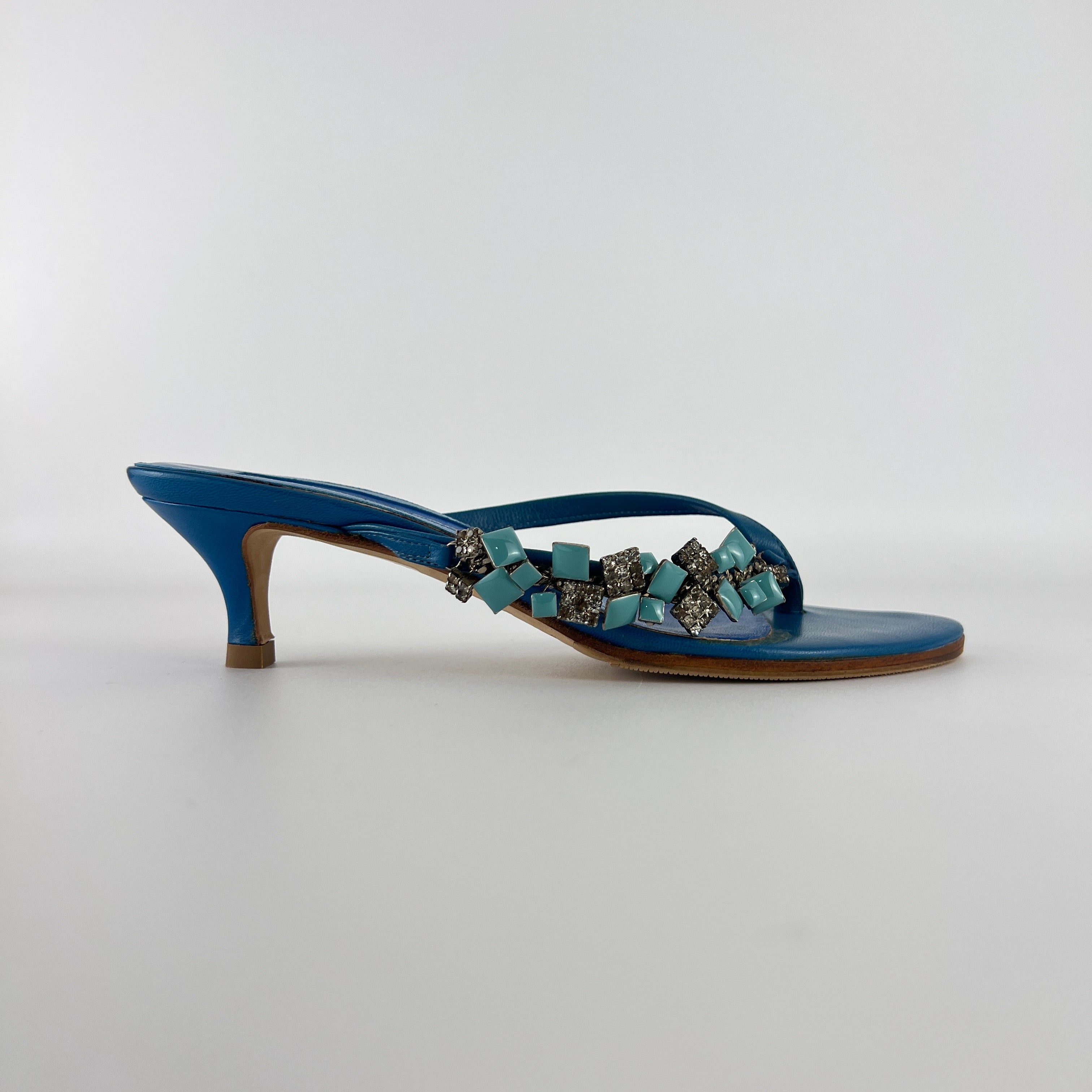 Sergio Rossi | Turquoise Stone Rhinestone Blue Flip Flop Thong Mules (35.5)