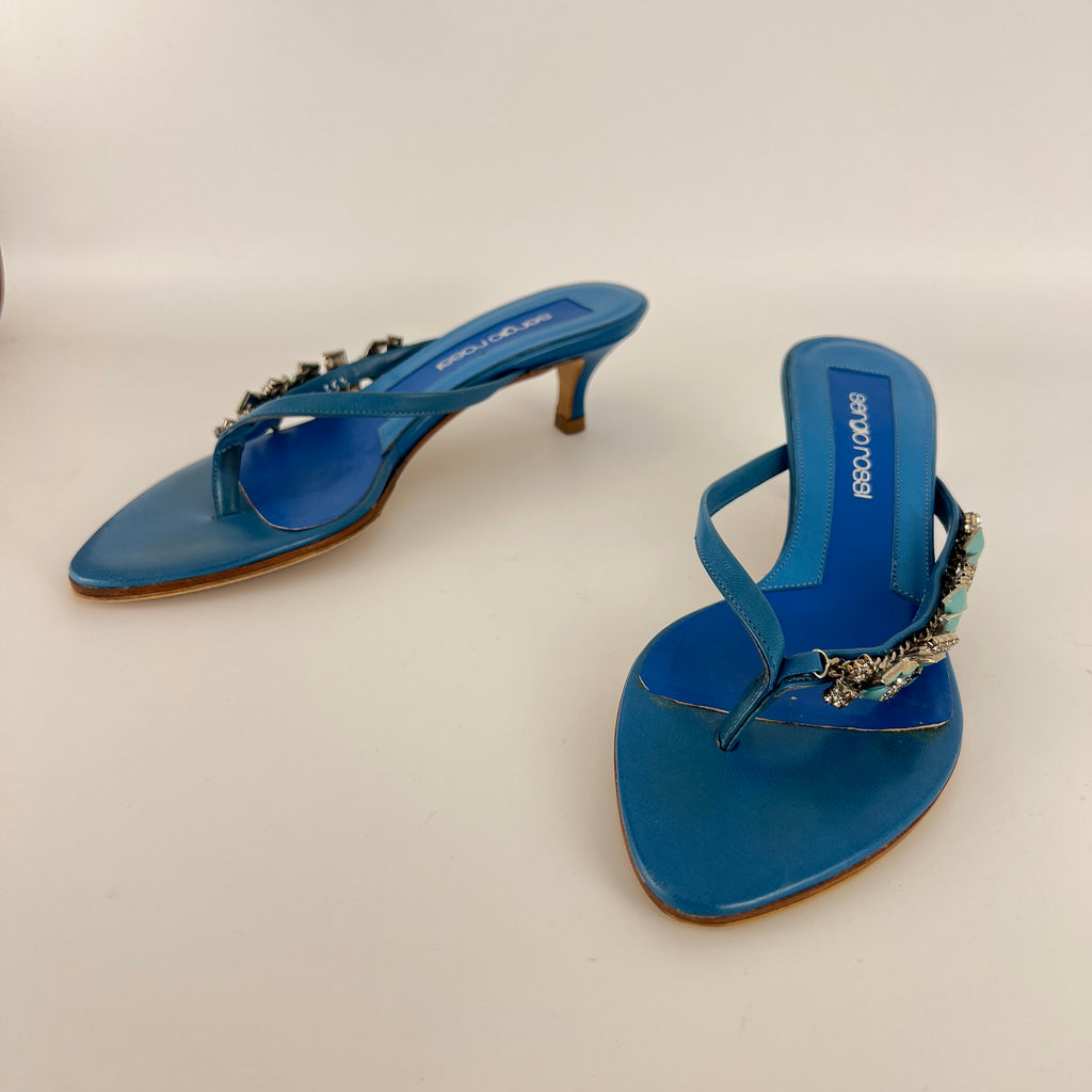 Sergio Rossi | Turquoise Stone Rhinestone Blue Flip Flop Thong Mules (35.5)