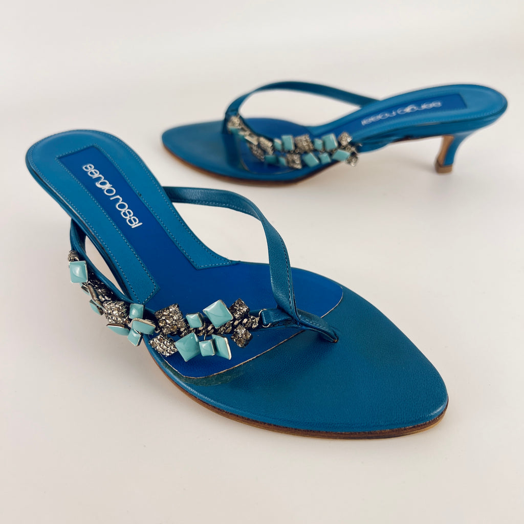 Sergio Rossi | Turquoise Stone Rhinestone Blue Flip Flop Thong Mules (35.5)