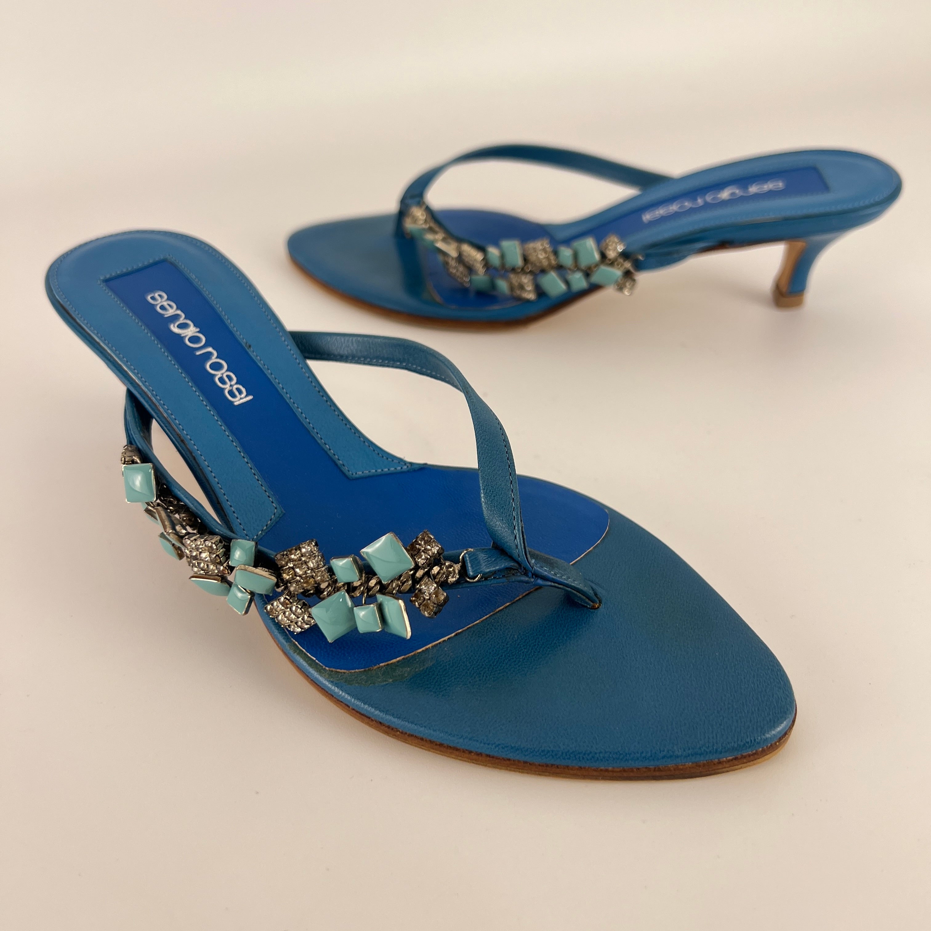 Sergio Rossi | Turquoise Stone Rhinestone Blue Flip Flop Thong Mules (35.5)