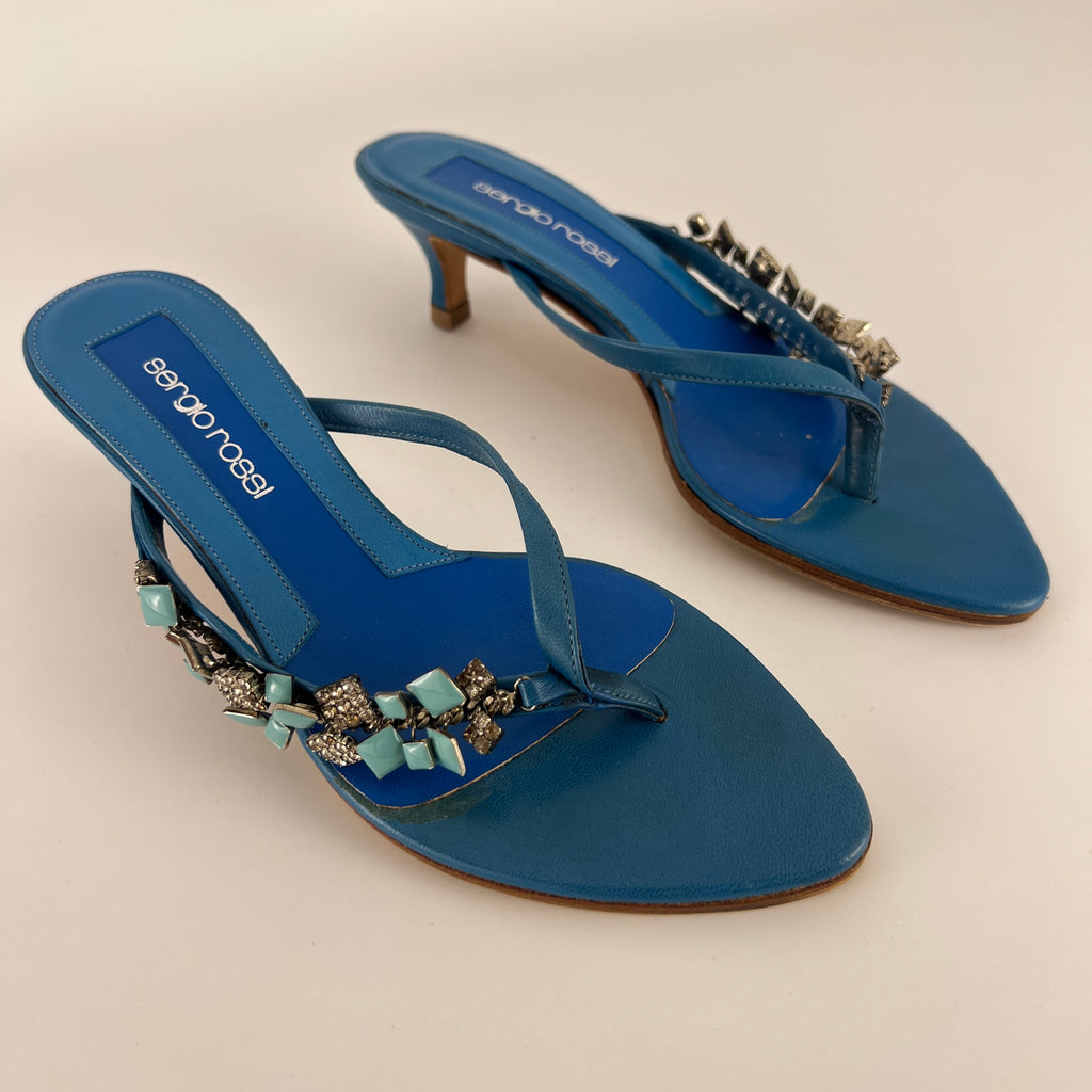 Sergio Rossi | Turquoise Stone Rhinestone Blue Flip Flop Thong Mules (35.5)