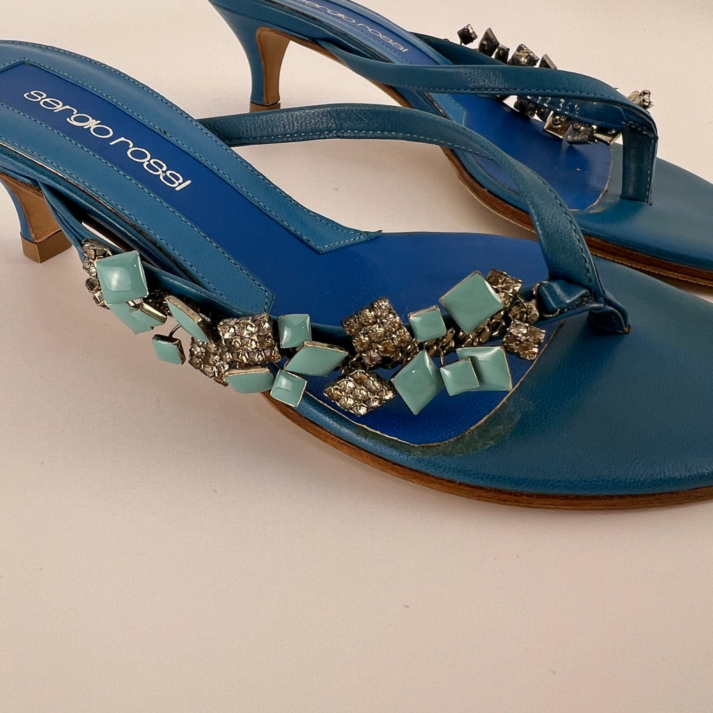 Sergio Rossi | Turquoise Stone Rhinestone Blue Flip Flop Thong Mules (35.5)