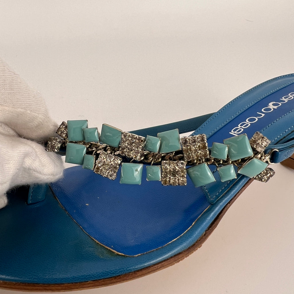 Sergio Rossi | Turquoise Stone Rhinestone Blue Flip Flop Thong Mules (35.5)
