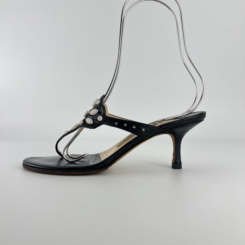 Jimmy Choo | Vintage Black Leather Thong White Stone Sandal Slide (35.5)