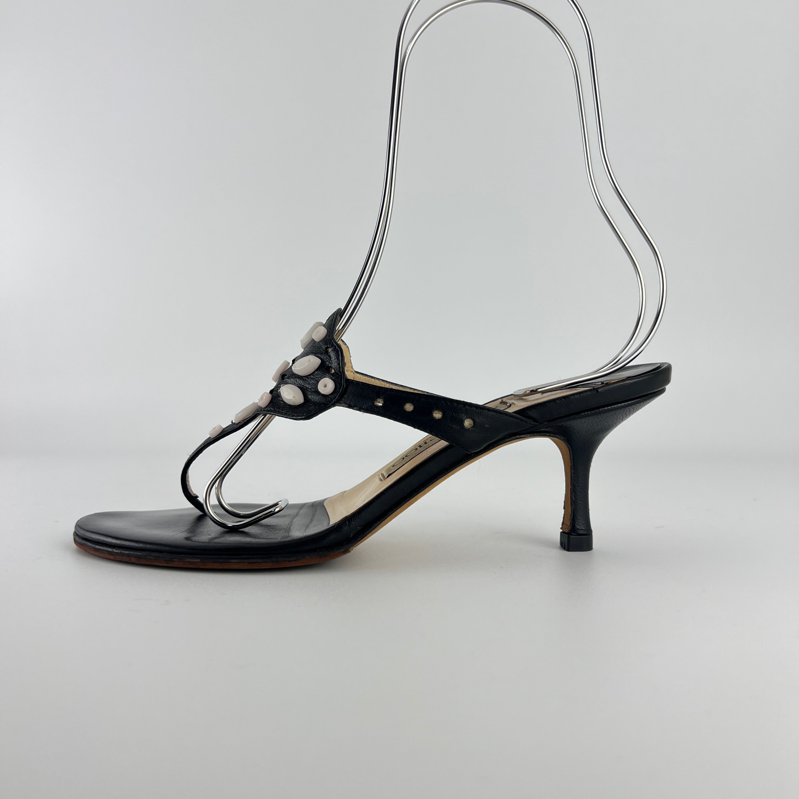 Jimmy Choo | Vintage Black Leather Thong White Stone Sandal Slide (35.5)