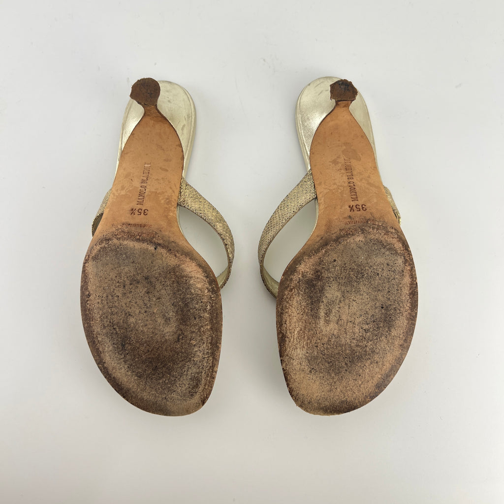 Manolo Blahnik | Metallic Gold Textured Leather Thong Kitten Heel Mules (35.5)