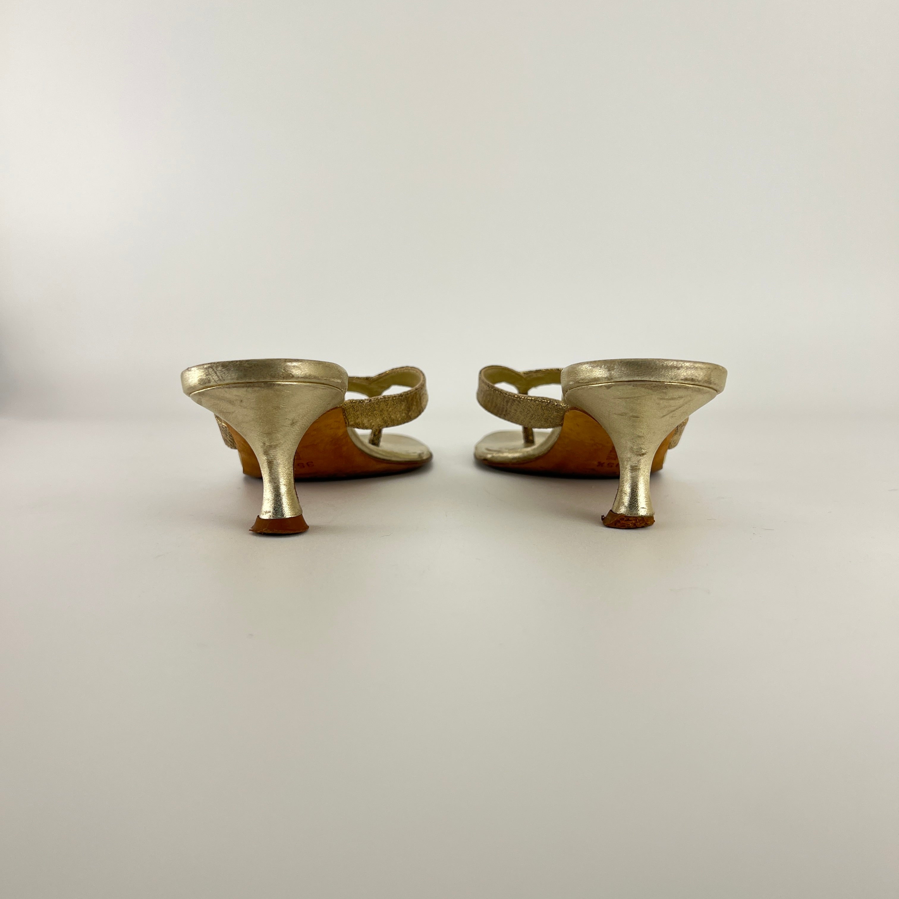 Manolo Blahnik | Metallic Gold Textured Leather Thong Kitten Heel Mules (35.5)