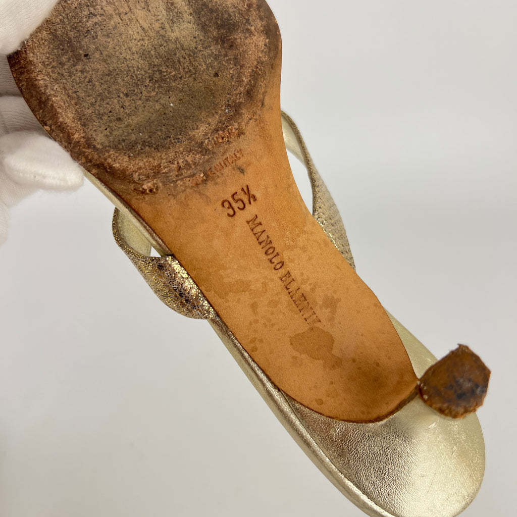 Manolo Blahnik | Metallic Gold Textured Leather Thong Kitten Heel Mules (35.5)