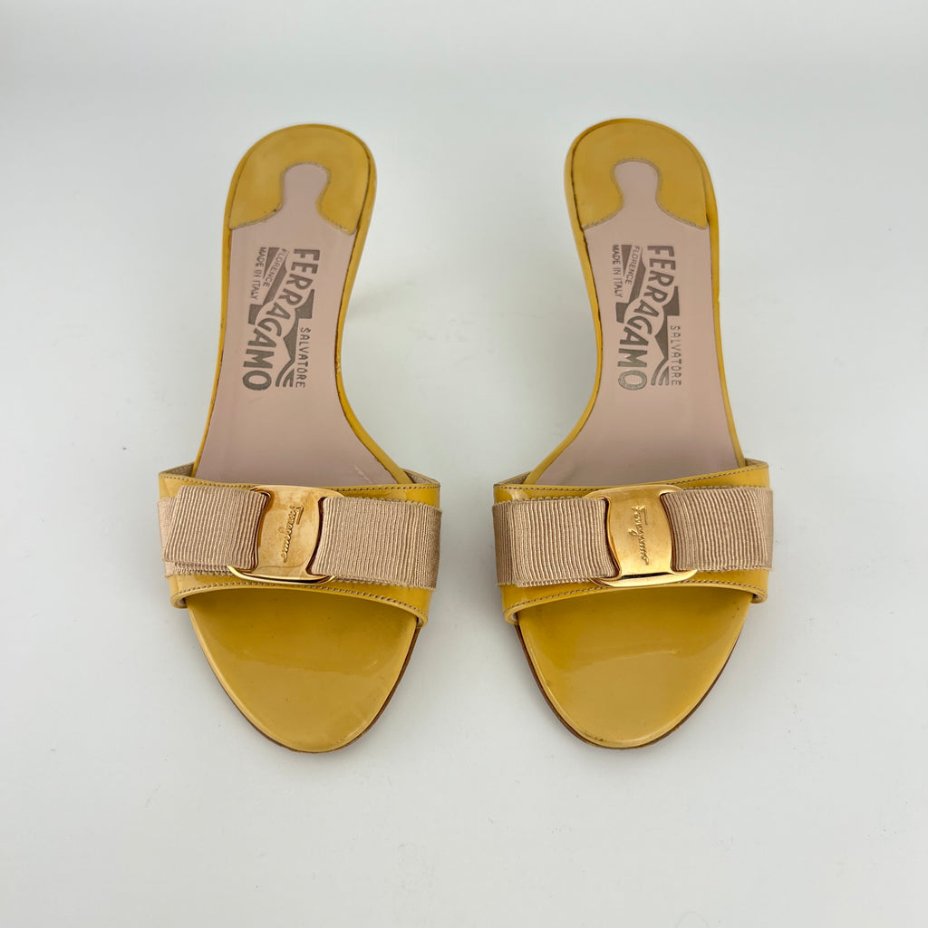Ferragamo | Vara Bow Yellow Patent Leather Gold Sandal Mules (5.5 , 35.5)