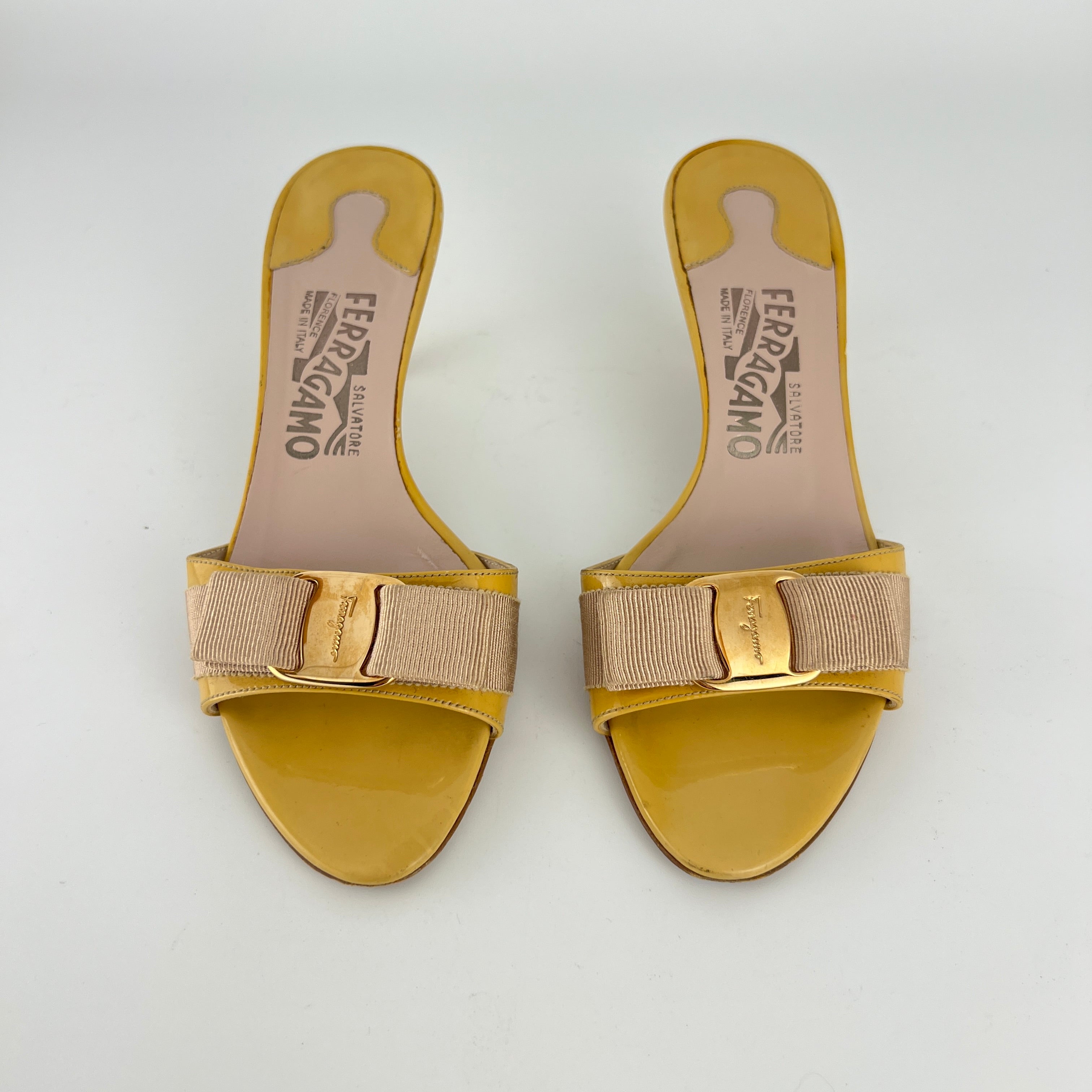 Ferragamo | Vara Bow Yellow Patent Leather Gold Sandal Mules (5.5 , 35.5)