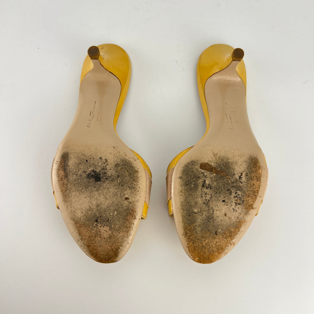 Ferragamo | Vara Bow Yellow Patent Leather Gold Sandal Mules (5.5 , 35.5)