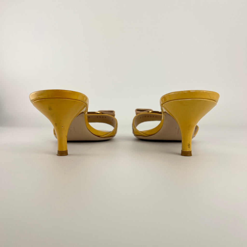 Ferragamo | Vara Bow Yellow Patent Leather Gold Sandal Mules (5.5 , 35.5)