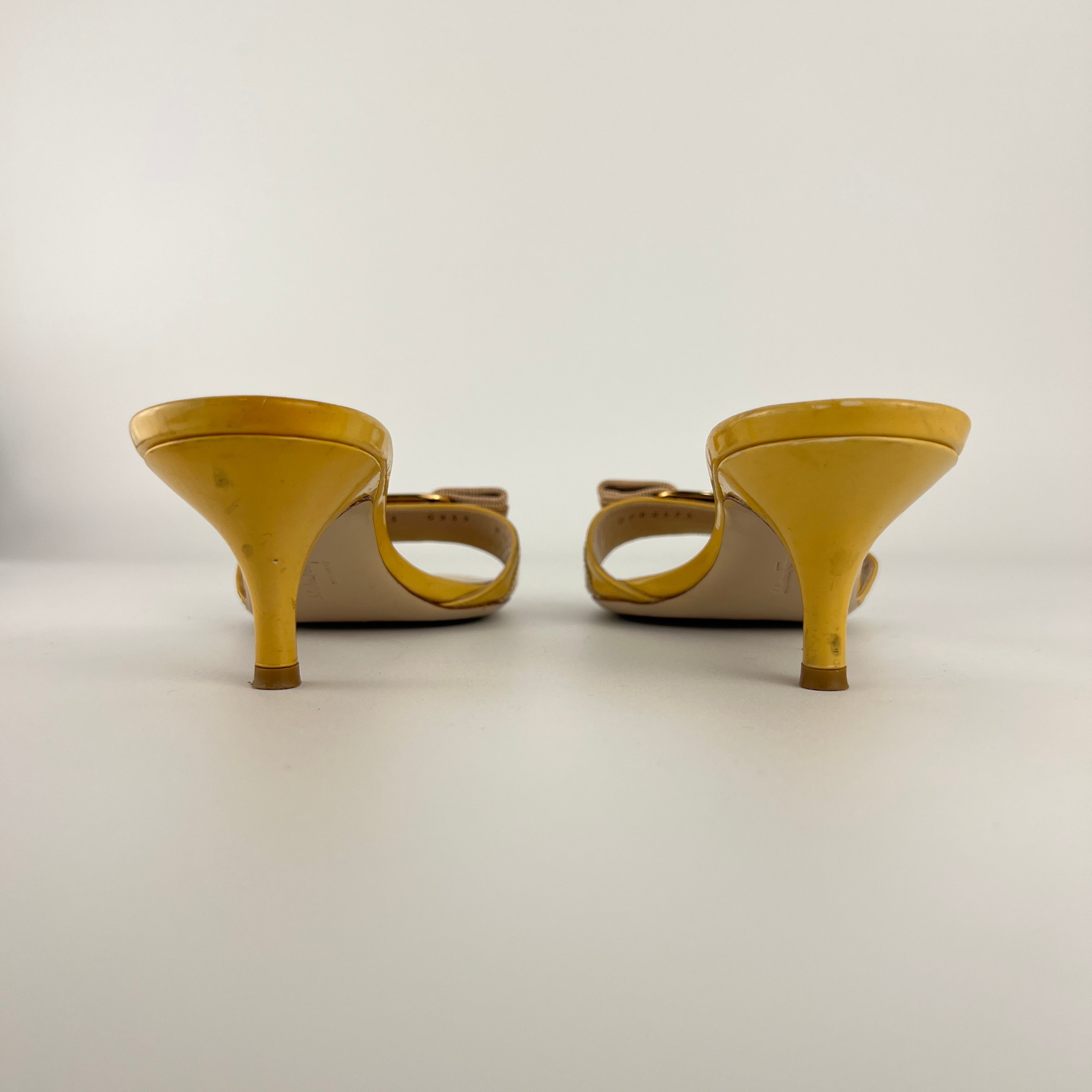 Ferragamo | Vara Bow Yellow Patent Leather Gold Sandal Mules (5.5 , 35.5)
