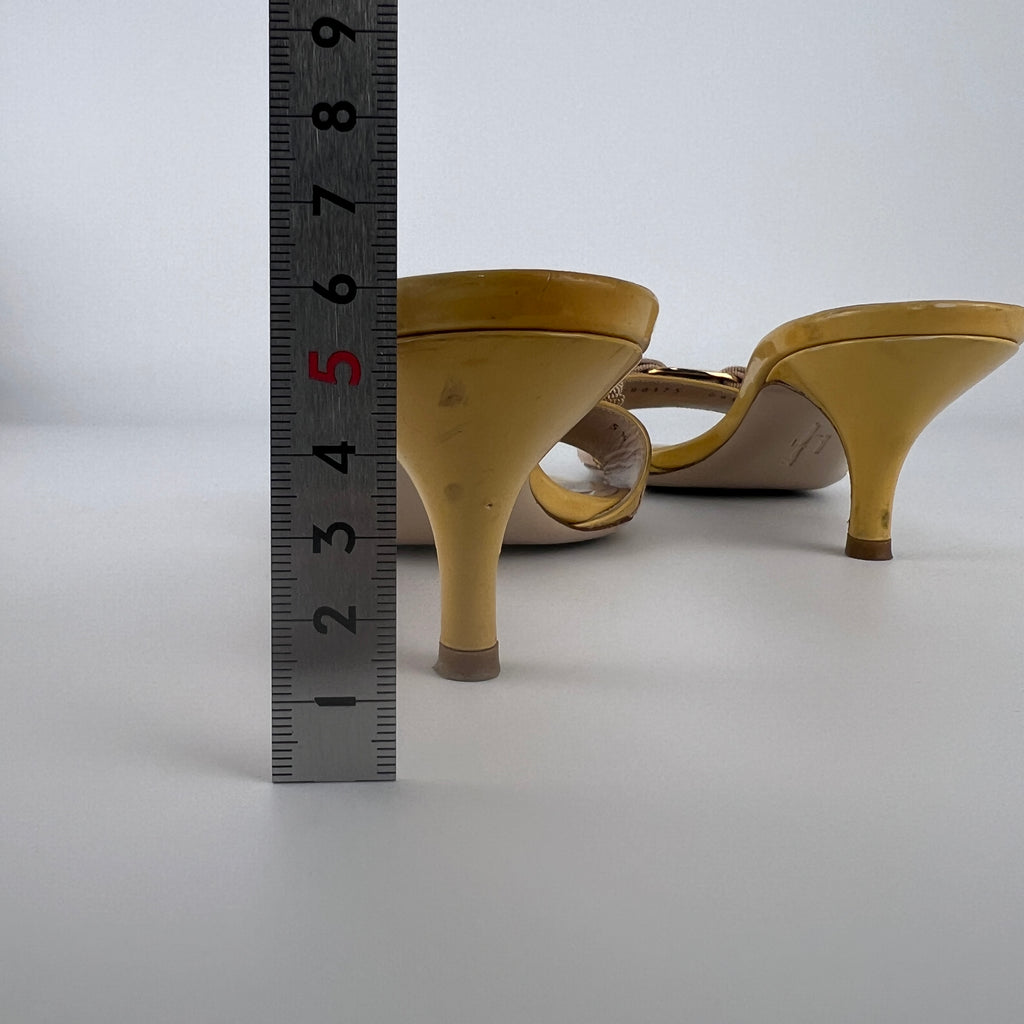 Ferragamo | Vara Bow Yellow Patent Leather Gold Sandal Mules (5.5 , 35.5)