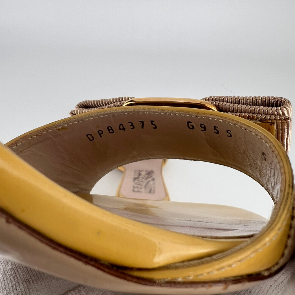 Ferragamo | Vara Bow Yellow Patent Leather Gold Sandal Mules (5.5 , 35.5)
