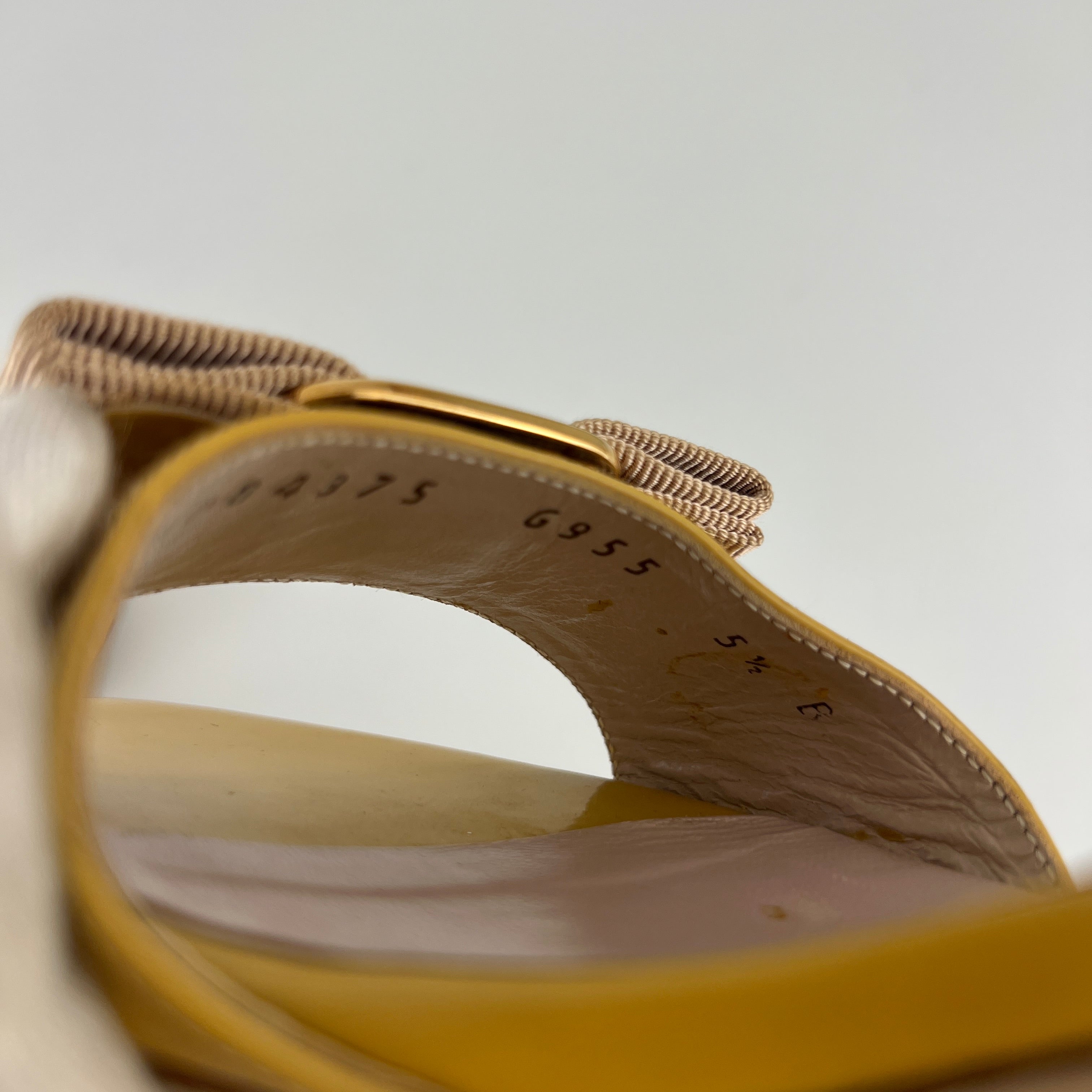 Ferragamo | Vara Bow Yellow Patent Leather Gold Sandal Mules (5.5 , 35.5)