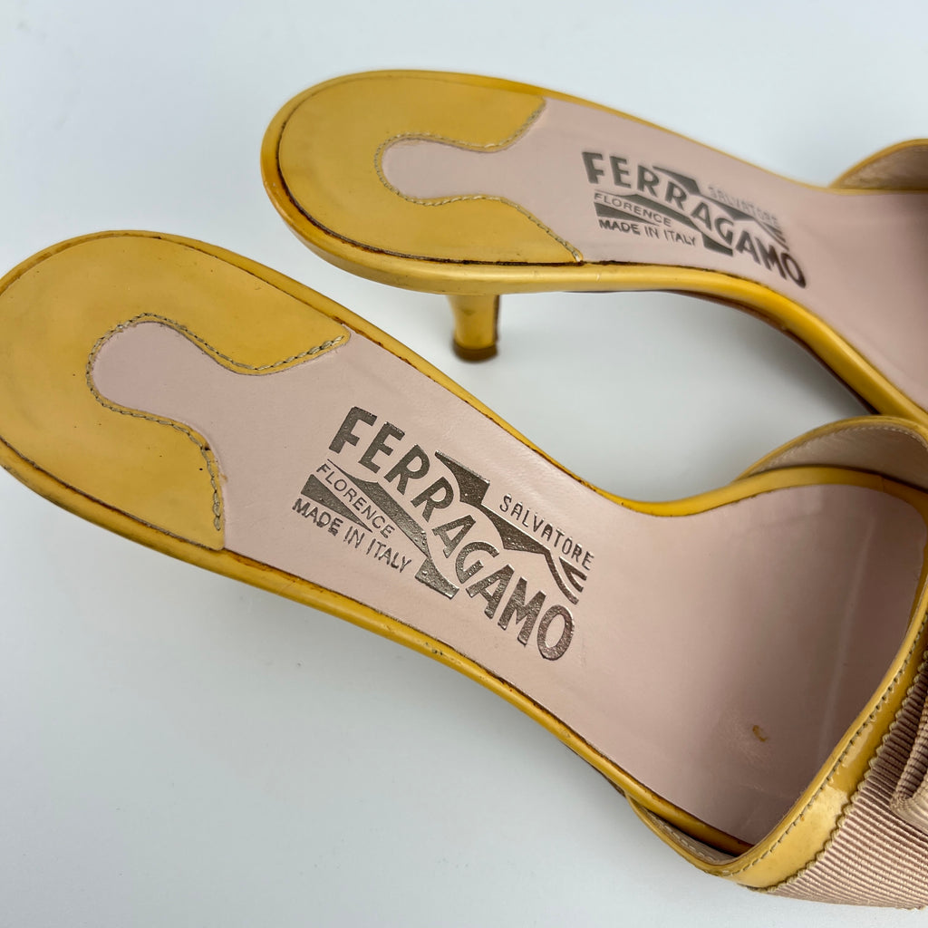 Ferragamo | Vara Bow Yellow Patent Leather Gold Sandal Mules (5.5 , 35.5)