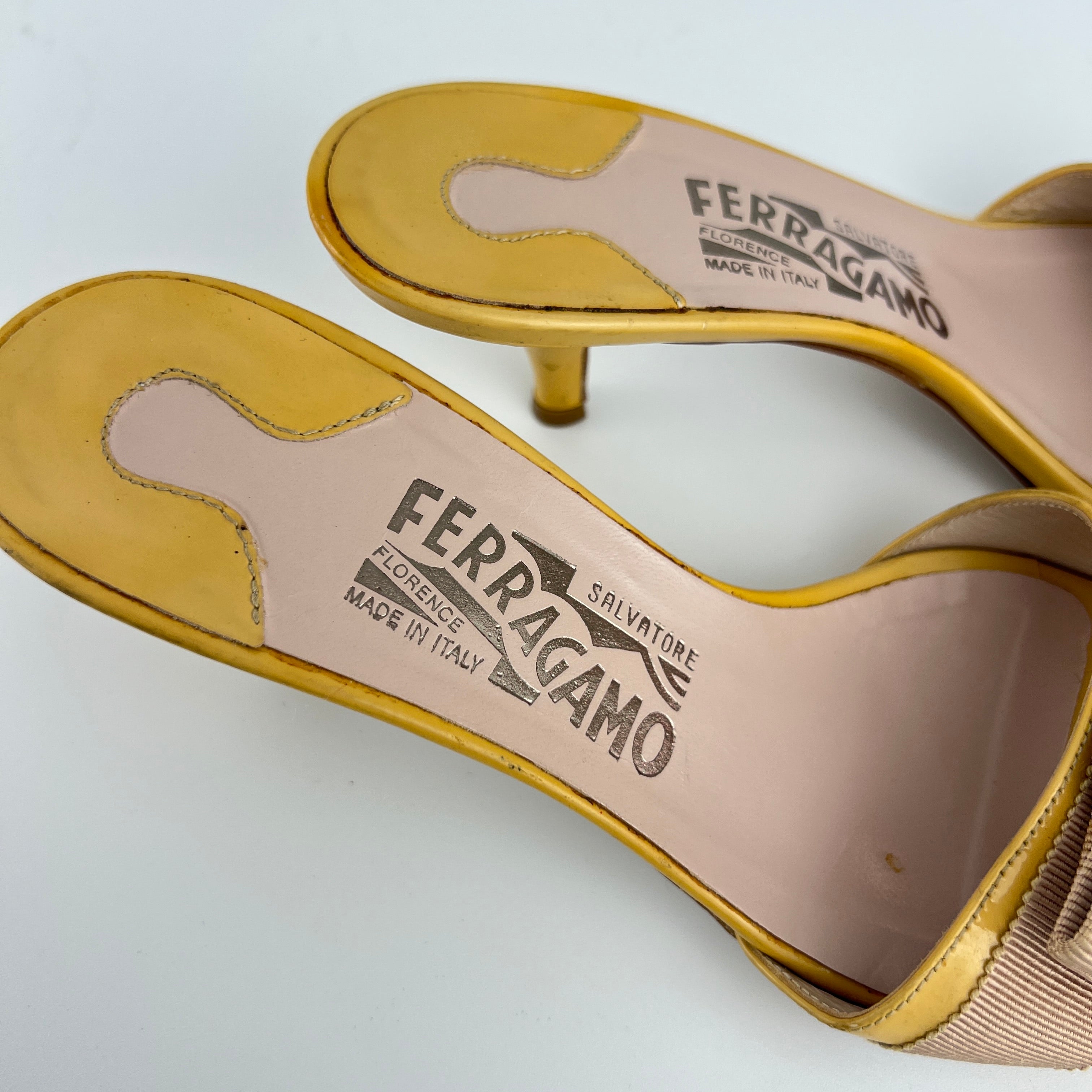 Ferragamo | Vara Bow Yellow Patent Leather Gold Sandal Mules (5.5 , 35.5)