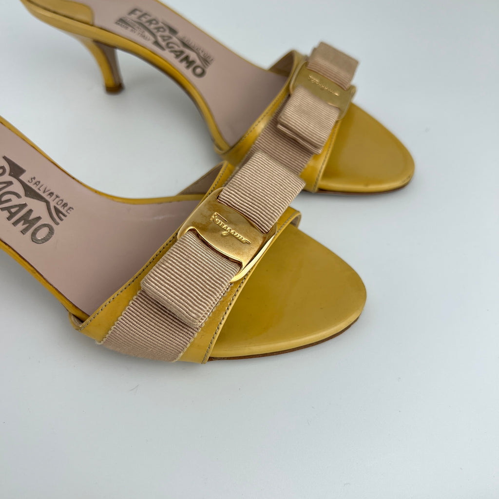 Ferragamo | Vara Bow Yellow Patent Leather Gold Sandal Mules (5.5 , 35.5)