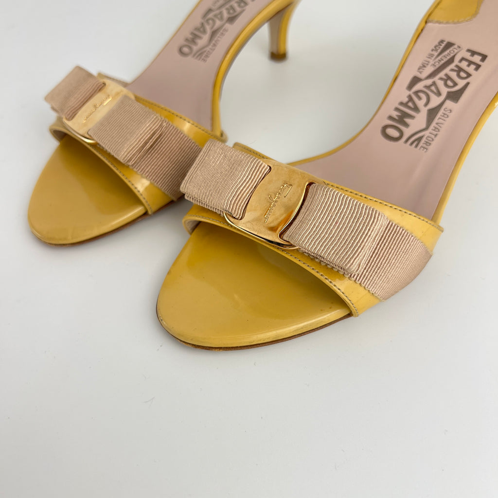 Ferragamo | Vara Bow Yellow Patent Leather Gold Sandal Mules (5.5 , 35.5)