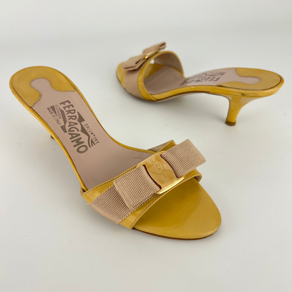 Ferragamo | Vara Bow Yellow Patent Leather Gold Sandal Mules (5.5 , 35.5)