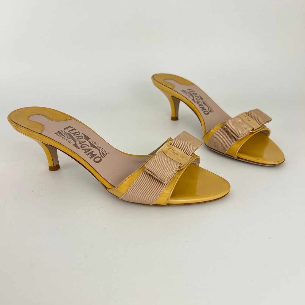 Ferragamo | Vara Bow Yellow Patent Leather Gold Sandal Mules (5.5 , 35.5)