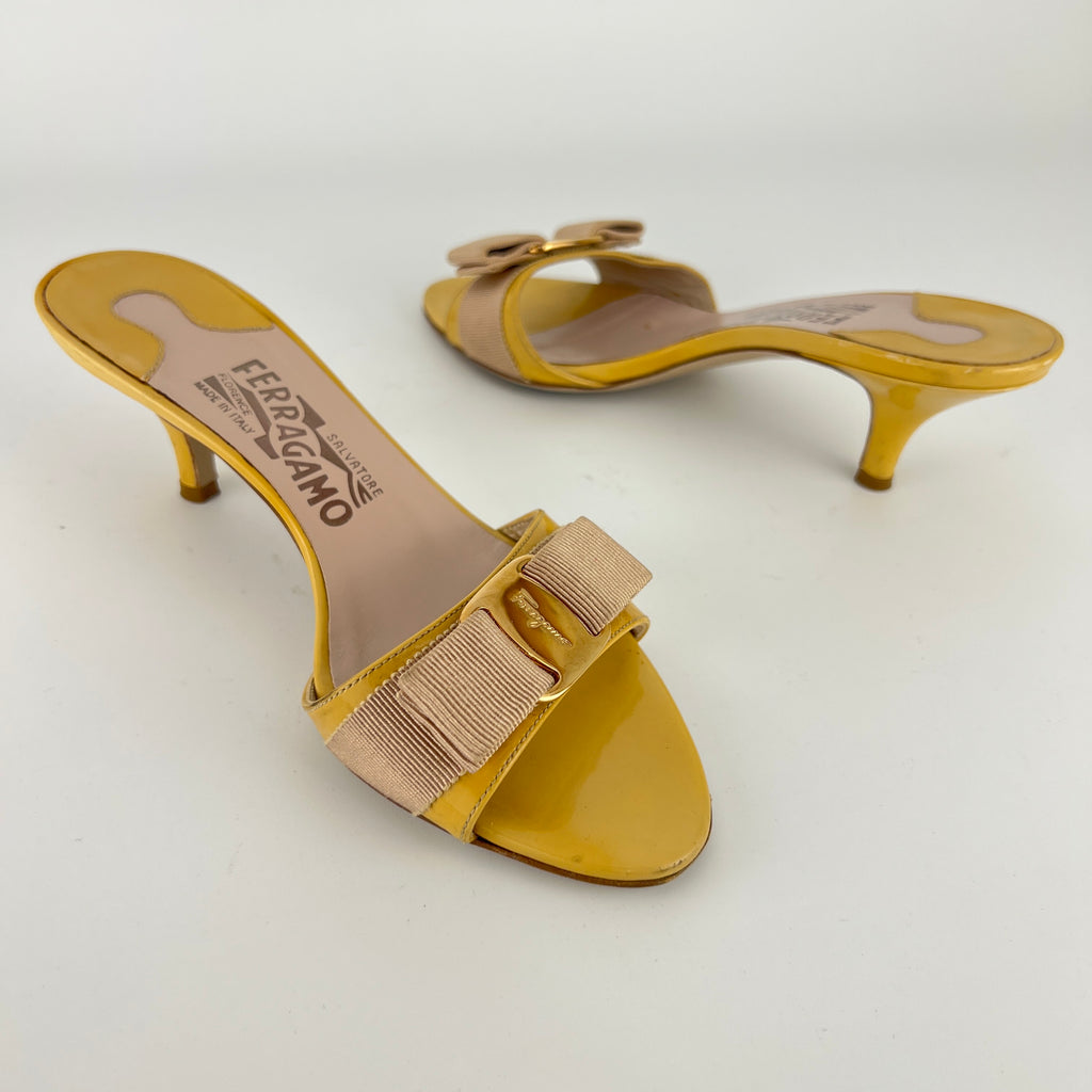 Ferragamo | Vara Bow Yellow Patent Leather Gold Sandal Mules (5.5 , 35.5)