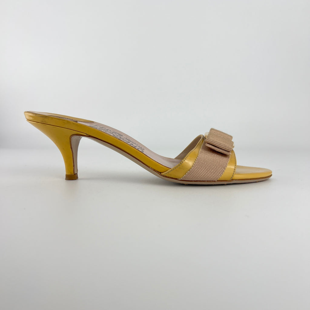 Ferragamo | Vara Bow Yellow Patent Leather Gold Sandal Mules (5.5 , 35.5)
