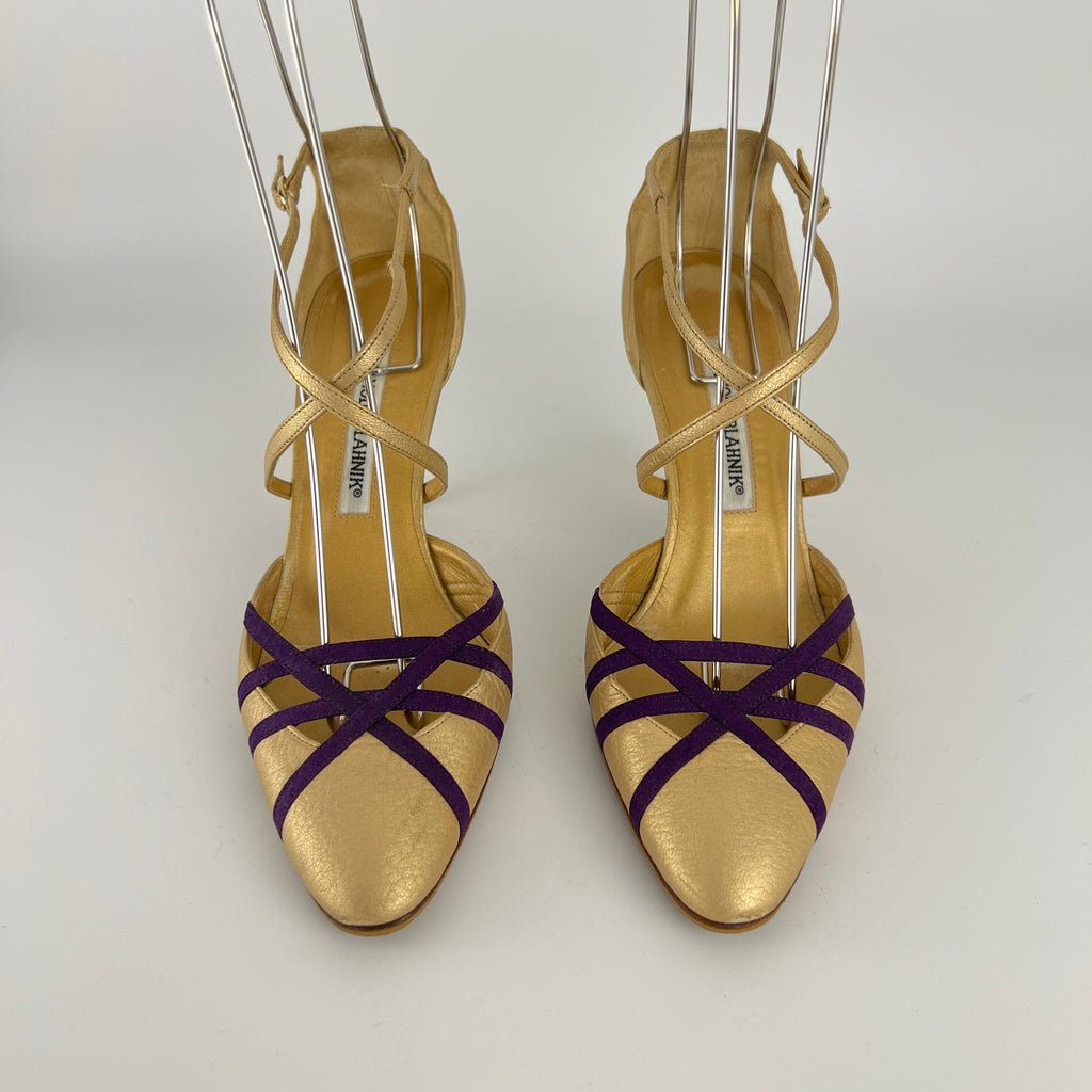 Manolo Blahnik | Metallic Gold Leather Purple Strap Stiletto Pumps (37.5)