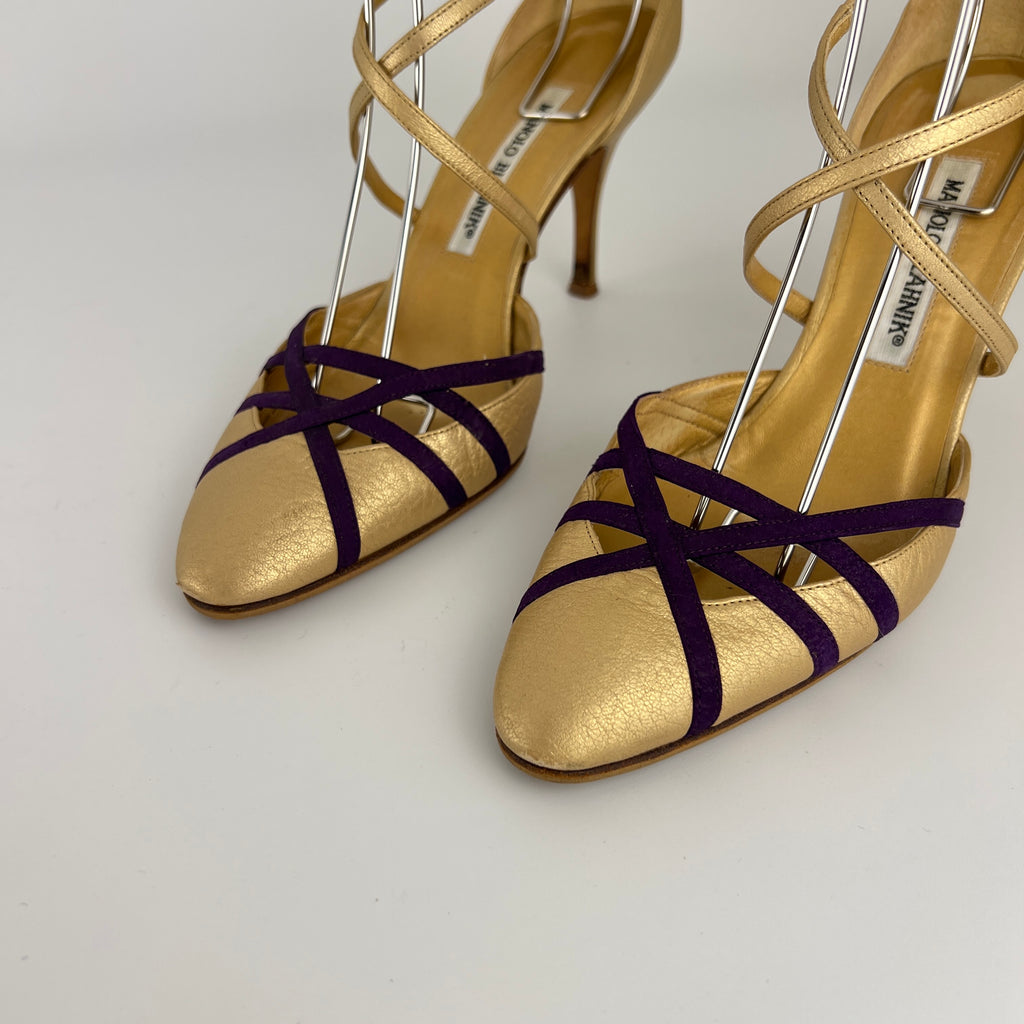 Manolo Blahnik | Metallic Gold Leather Purple Strap Stiletto Pumps (37.5)