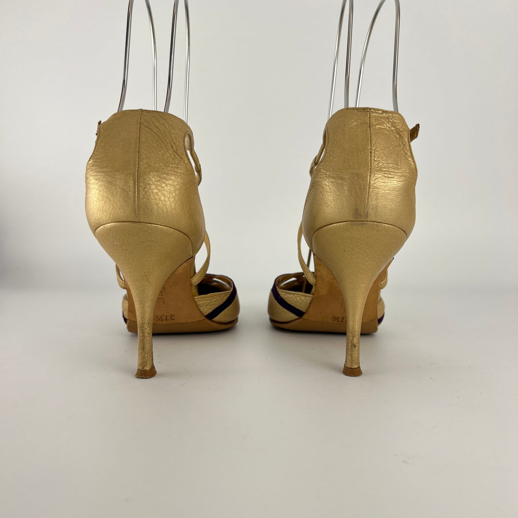 Manolo Blahnik | Metallic Gold Leather Purple Strap Stiletto Pumps (37.5)