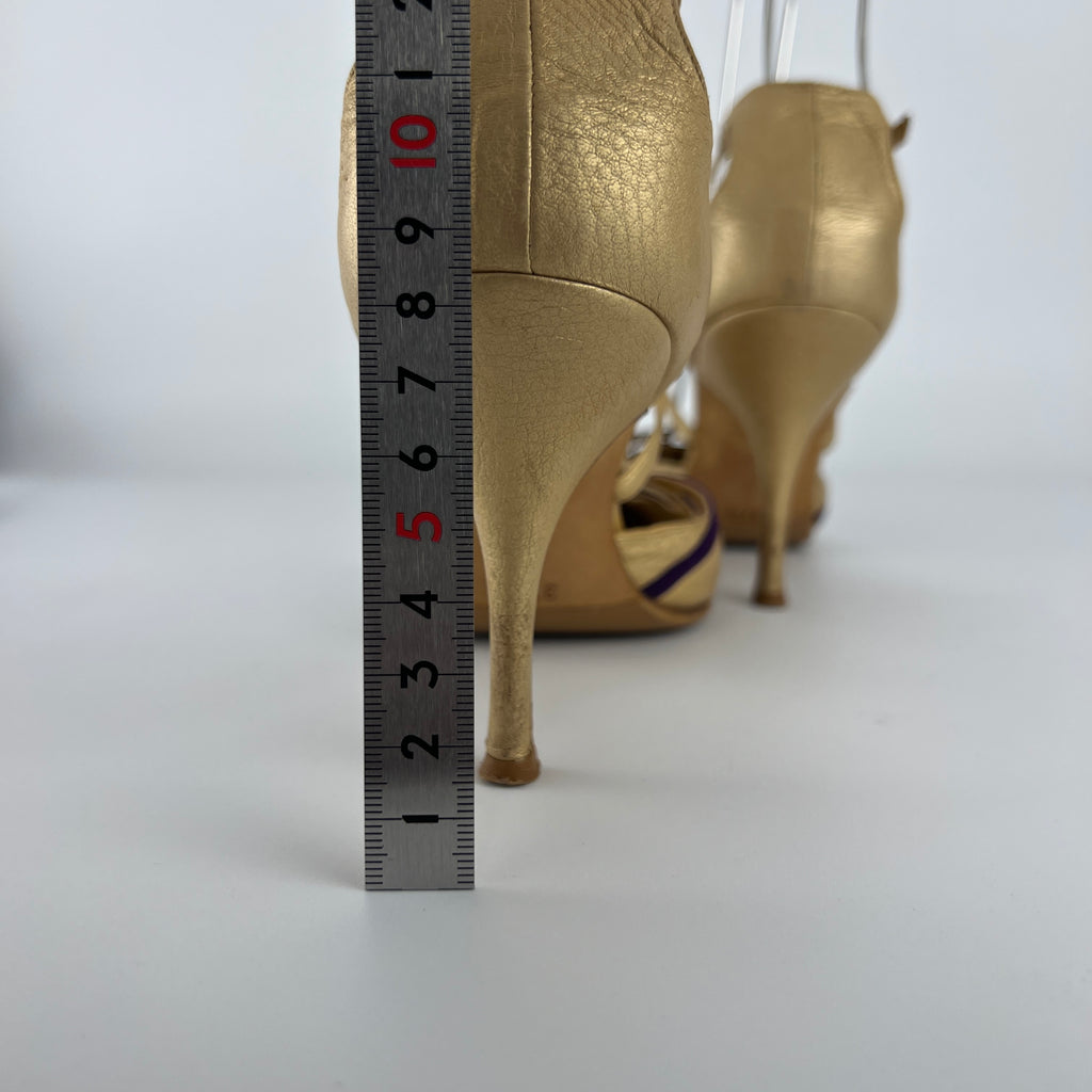 Manolo Blahnik | Metallic Gold Leather Purple Strap Stiletto Pumps (37.5)
