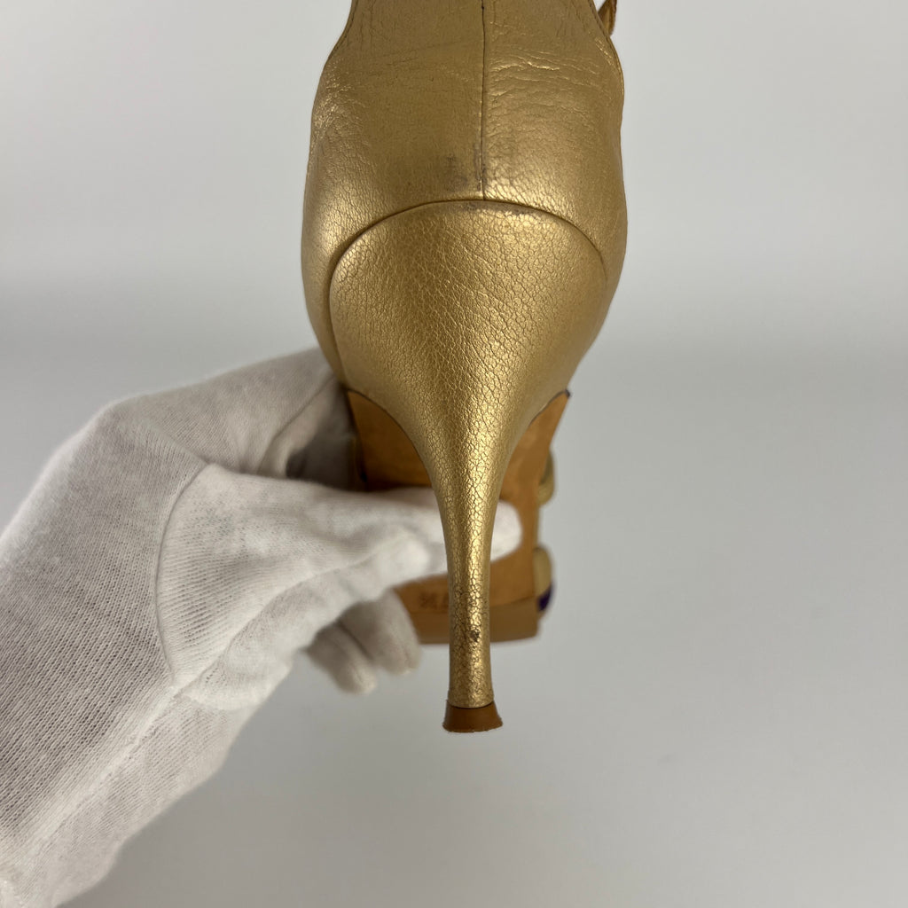 Manolo Blahnik | Metallic Gold Leather Purple Strap Stiletto Pumps (37.5)