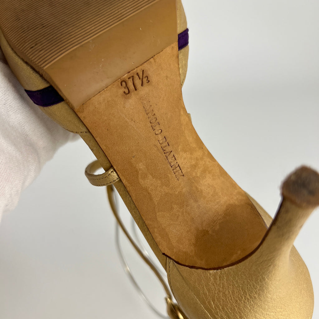 Manolo Blahnik | Metallic Gold Leather Purple Strap Stiletto Pumps (37.5)
